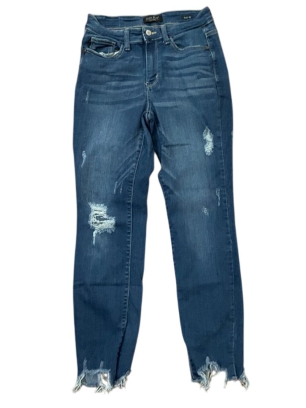 Judy Blue Mid Rise Slim Distressed Shark Bite Hem Jeans Dark Wash 5/27 JB824